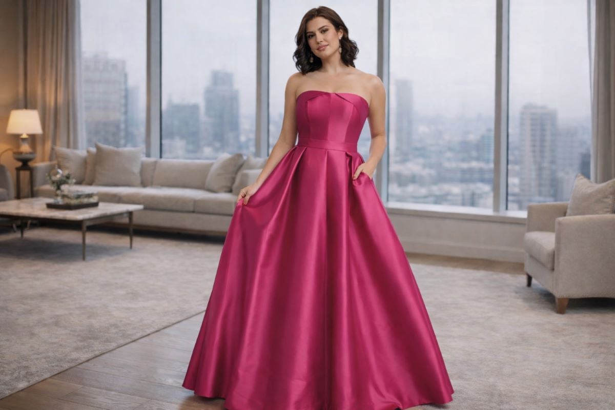 plus size fuchsia satin A-line mother of the bride gown