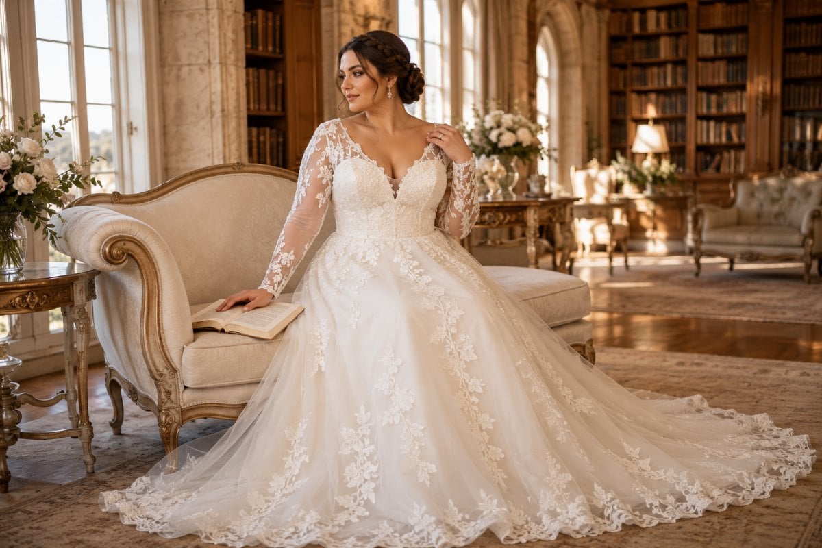 Long sleeve lace A-line wedding dress