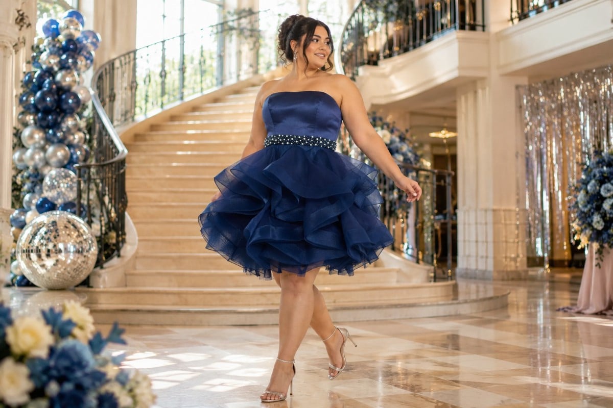 Plus size navy homecoming ruffle mini dress