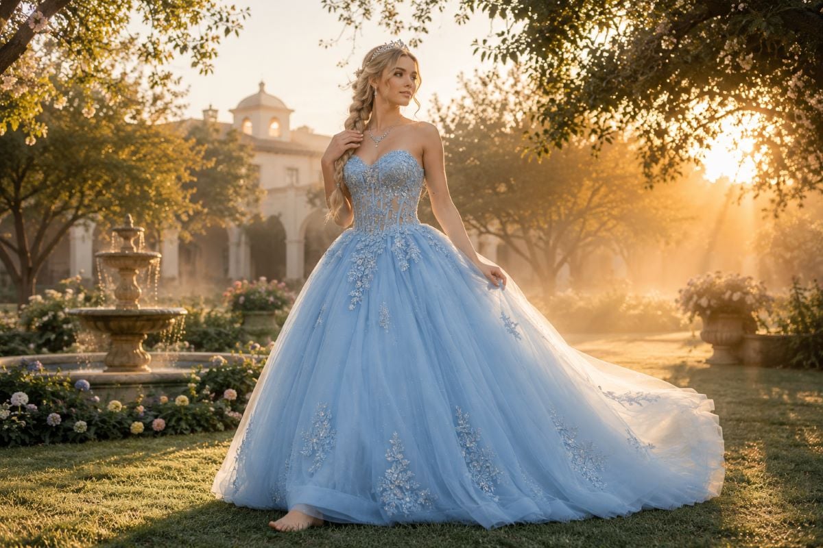 Powder blue quinceañera gown in sunrise hacienda garden
