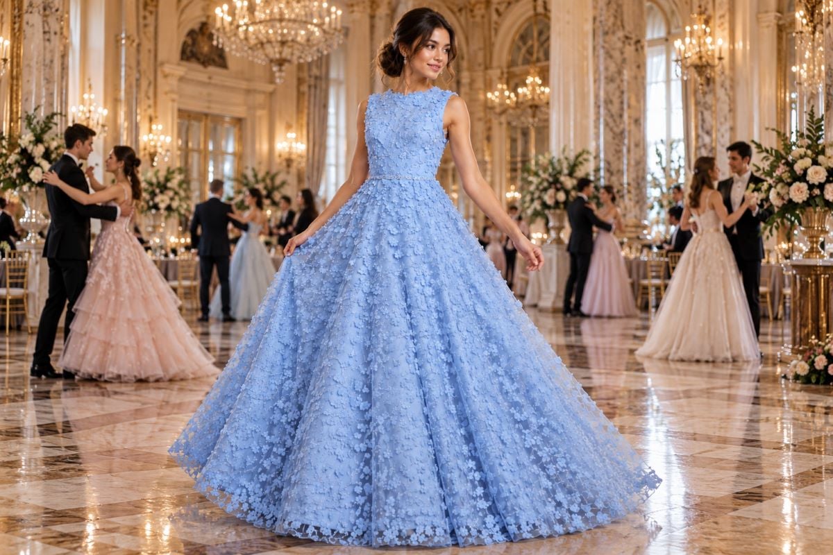 Powder blue cotillion ball gown editorial