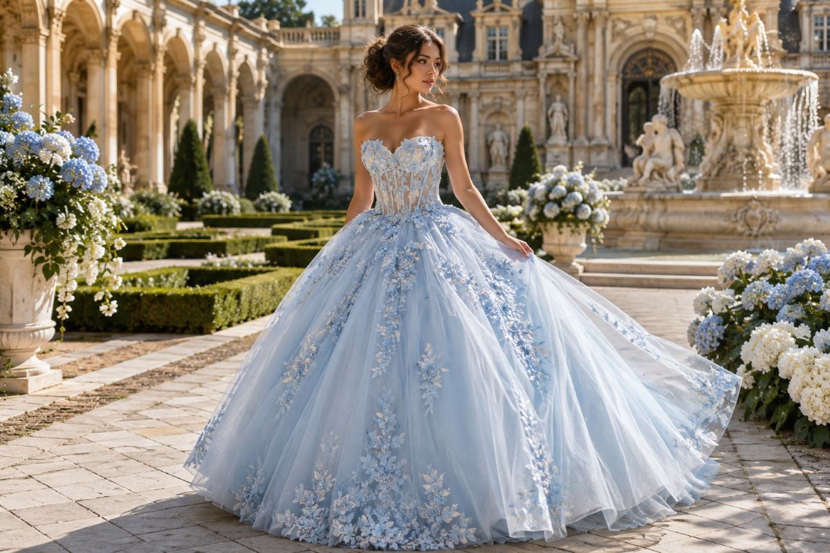 Powder blue quinceañera embellished ball gown
