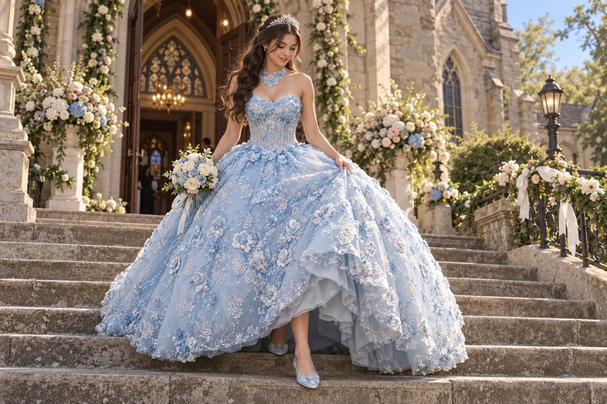 Powder blue quinceañera flats at church