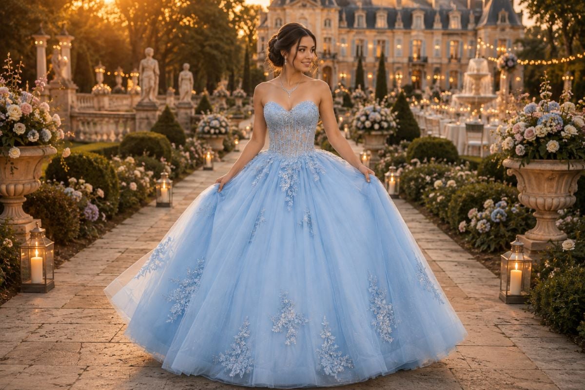 Powder blue quinceañera gown garden editorial