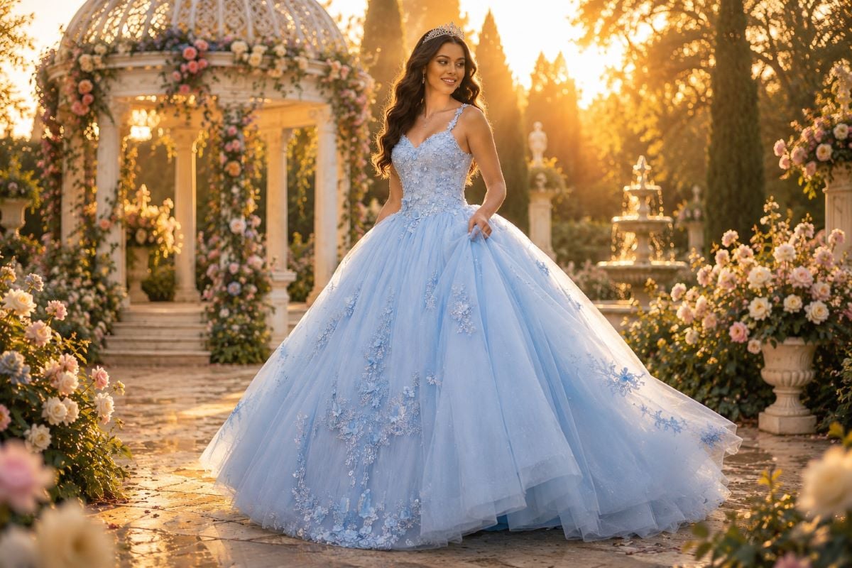 Powder blue quinceañera gown in royal garden