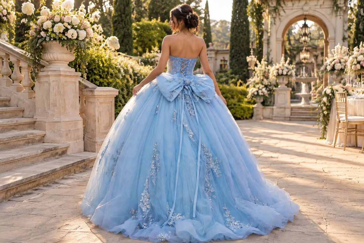 Powder blue quinceanera gown back view