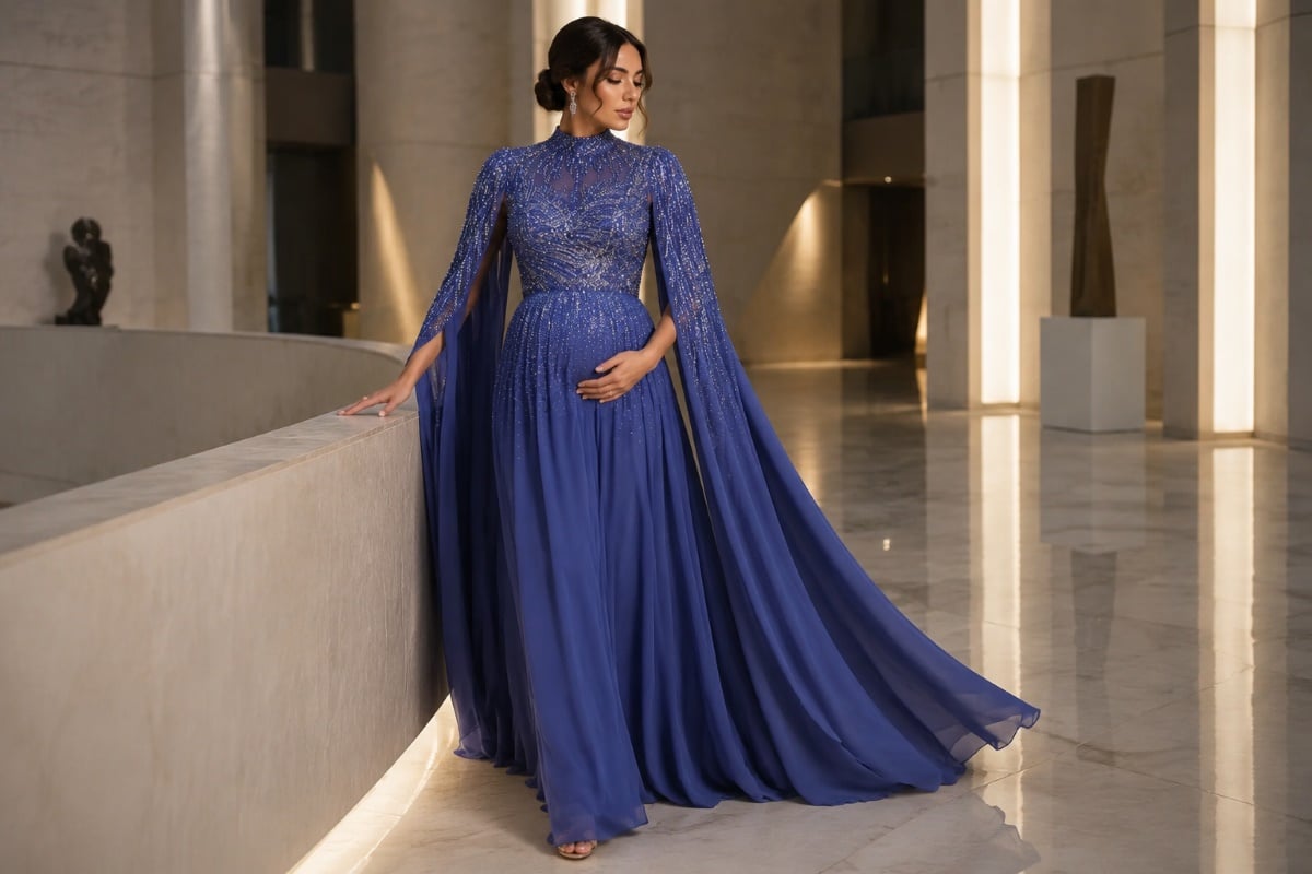 Pregnant woman wearing blue embellished cape evening gown