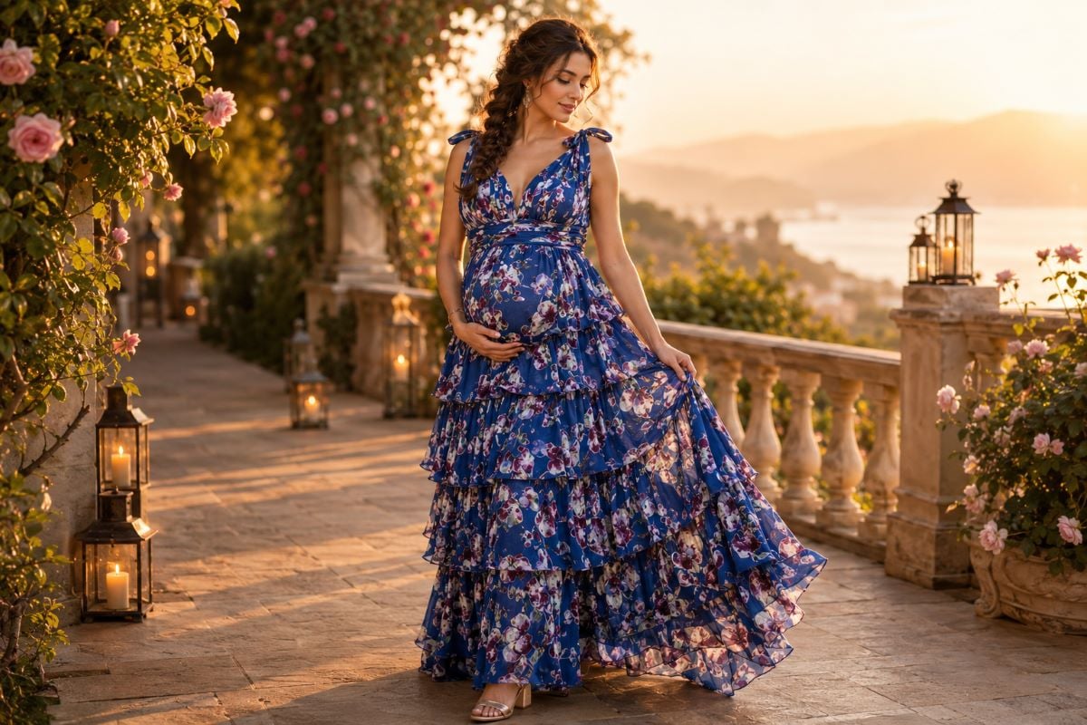 Pregnant woman wearing blue floral tiered evening gown