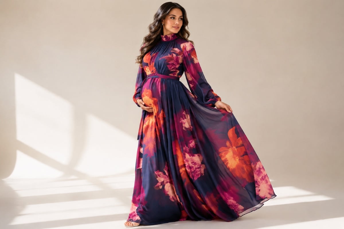 Pregnant woman wearing flowing floral print evening gown