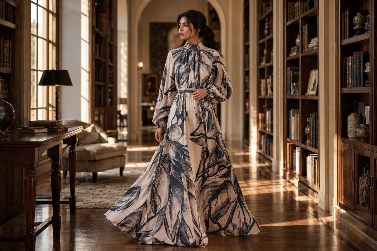 Printed long sleeve chiffon evening gown