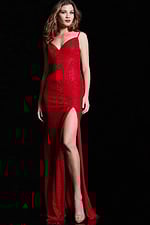 model in Jovani 08531 red gown showing high slit