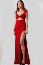Model wearing Jovani 24095 in red, front view with high slit and feathered shoulders.