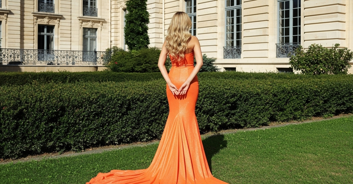 Back of orange mermaid dress showing details
