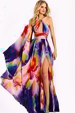 Sleeveless chiffon halter gown with pleated skirt and waist detail