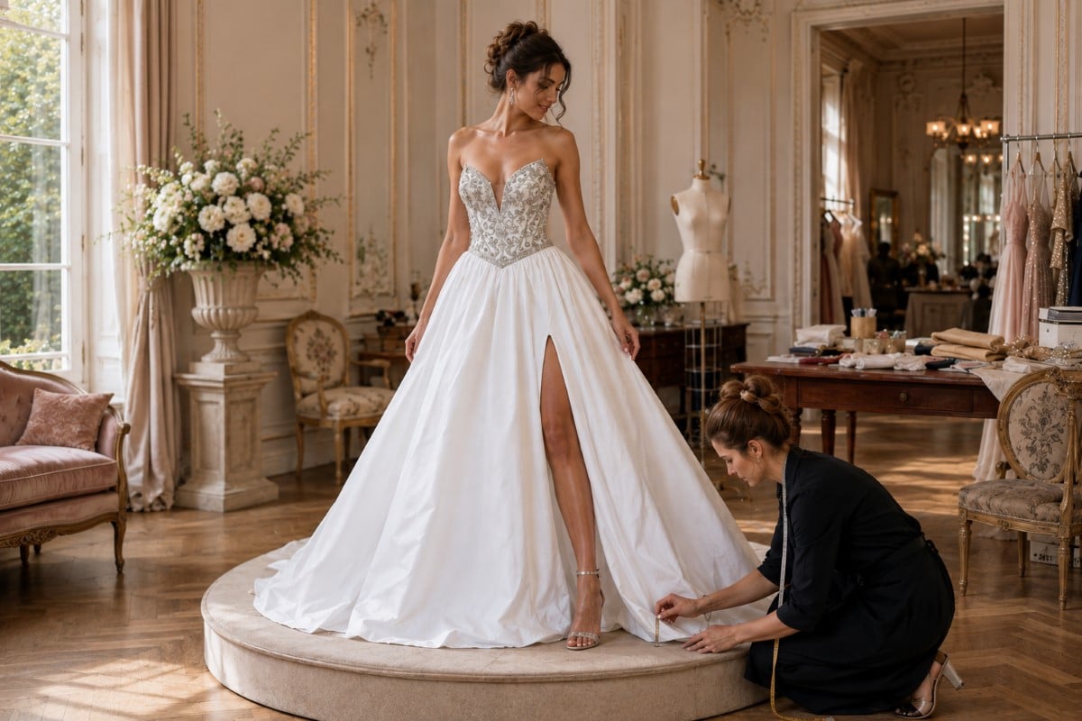 Prom dress hem fitting with shoes