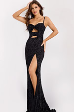 Elegant black prom dress with sparkling beadwork and open back
