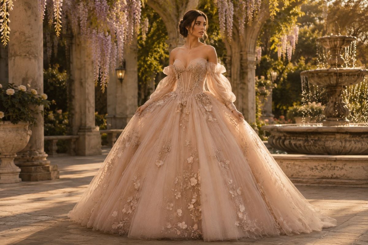 Modern couture ball gown blending quince and prom aesthetics