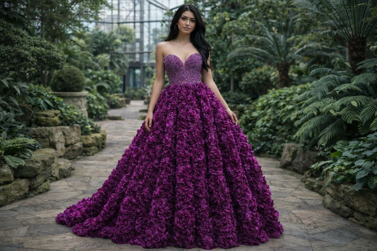 Purple ball gown with 3D floral appliqué skirt