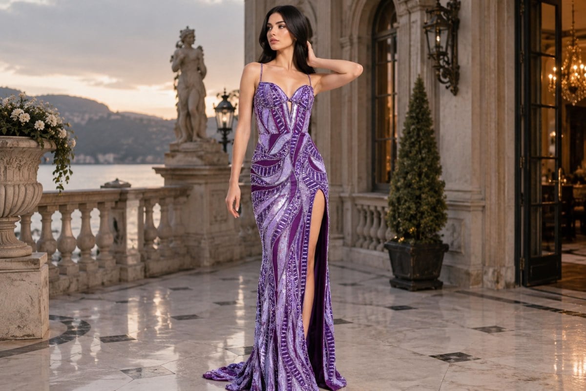 Purple beaded evening gown with high slit
