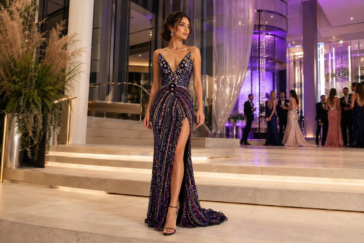 Purple embellished prom gown editorial entrance