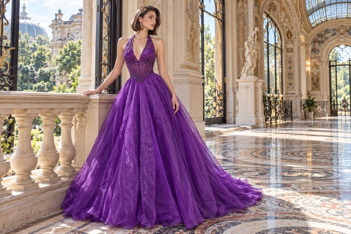 Purple evening gown for cool brunettes