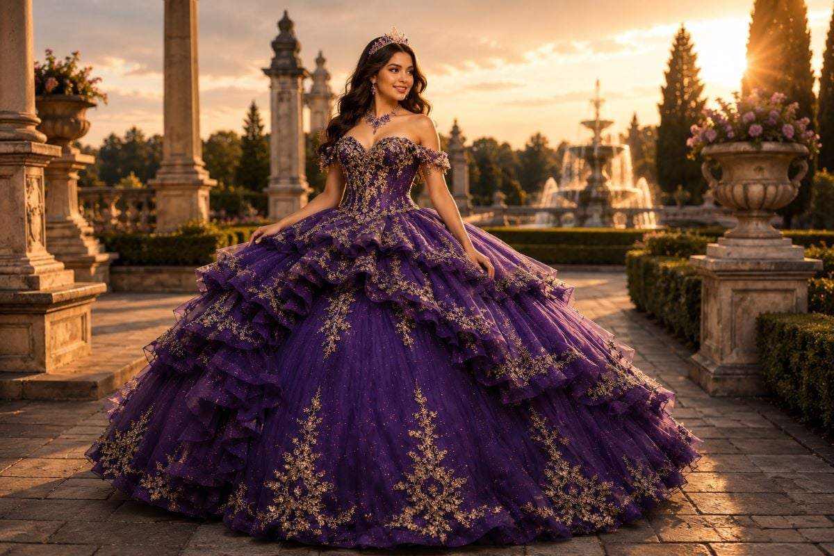 Purple quinceañera ball gown with gold embroidery