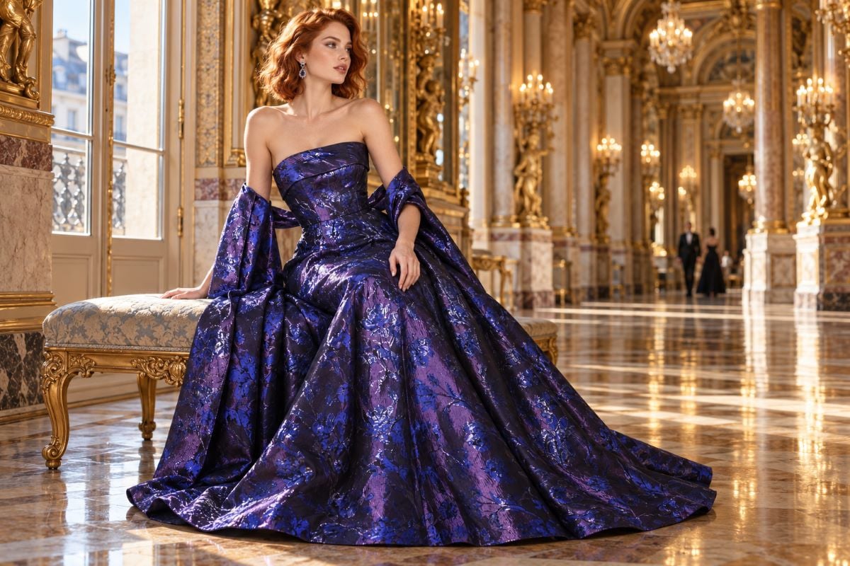 Purple jewel gown for red-haired women