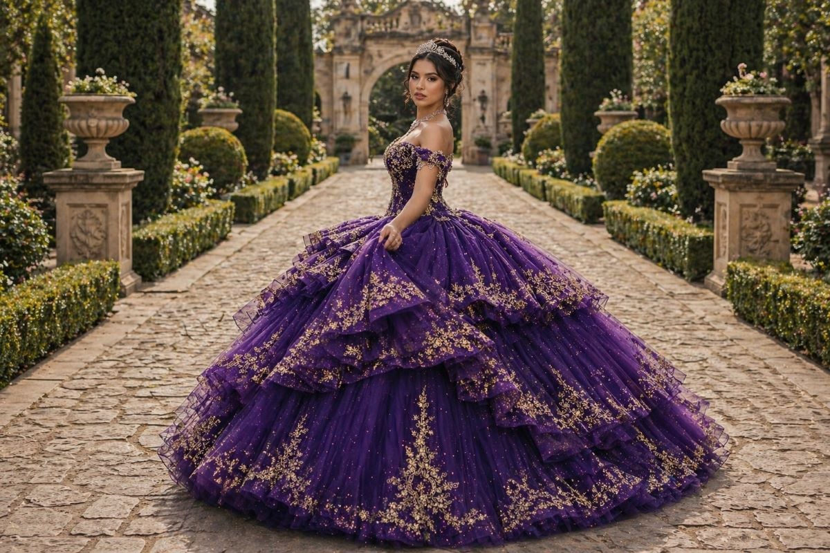 Purple ball gown with gold embroidery