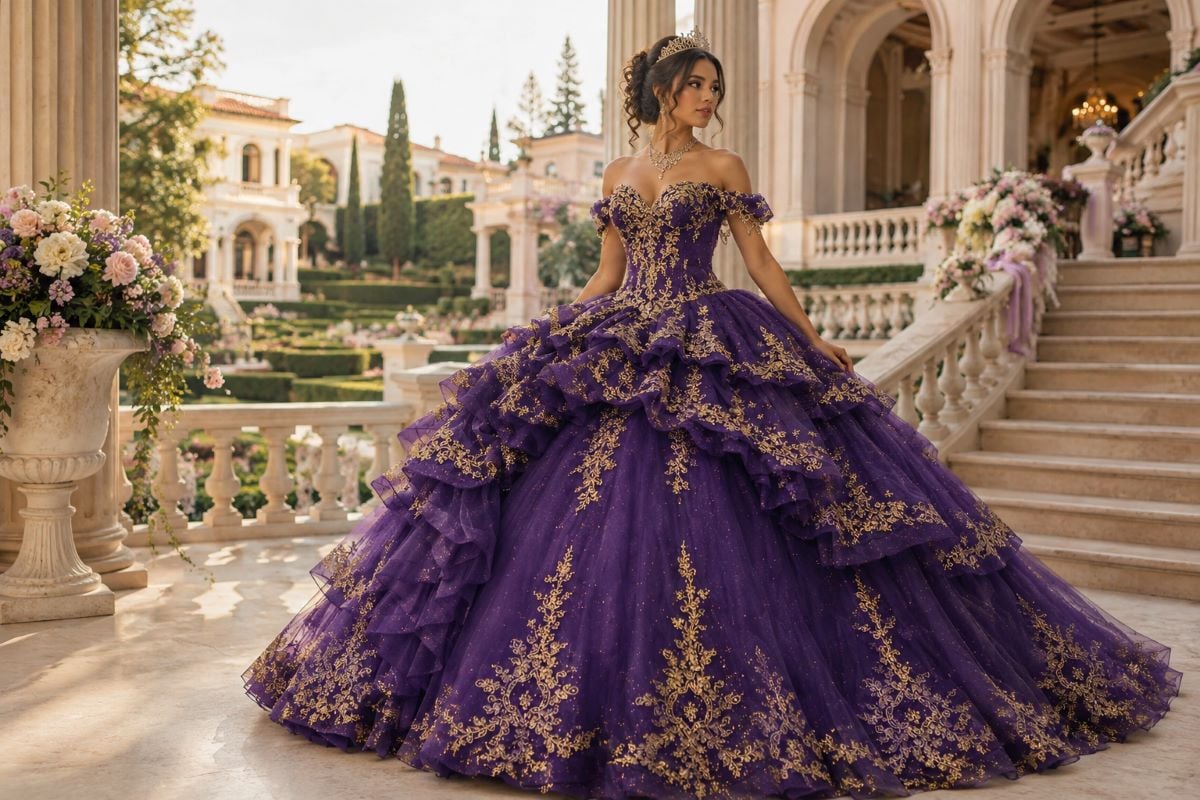 Purple quinceañera ball gown satin editorial