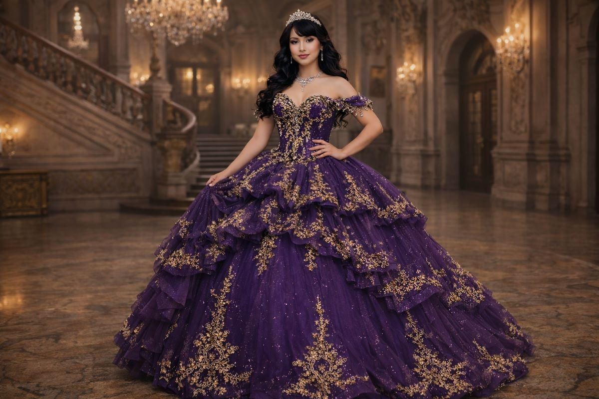 Purple quinceanera gown with gold details