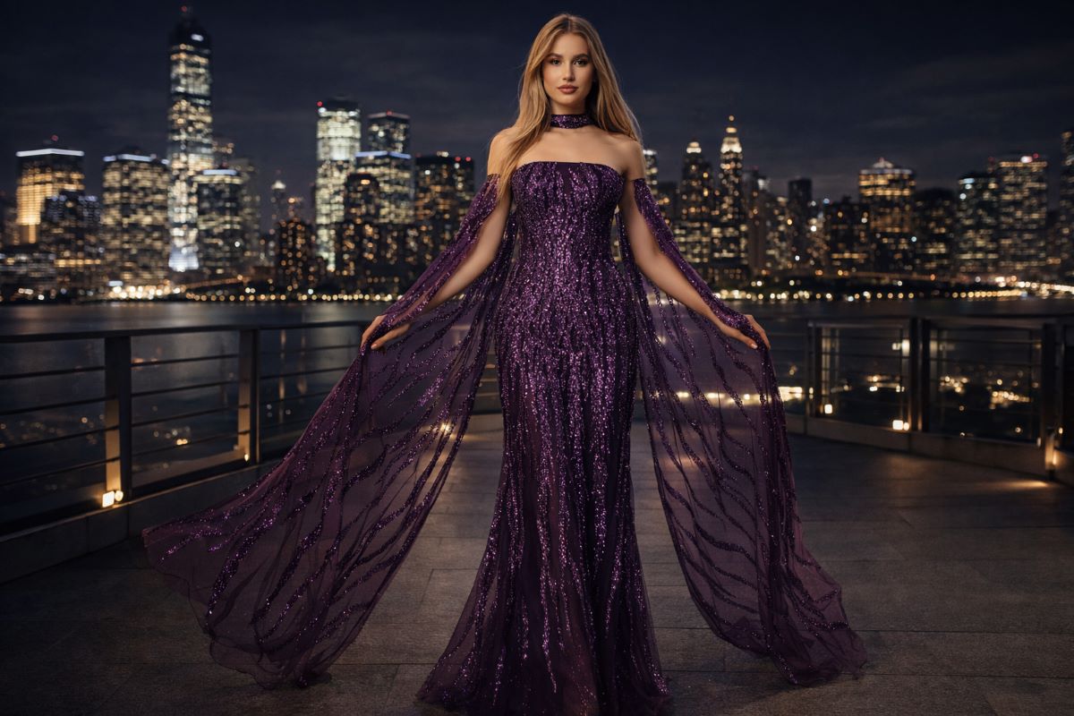 Purple sequin gown with sheer cape