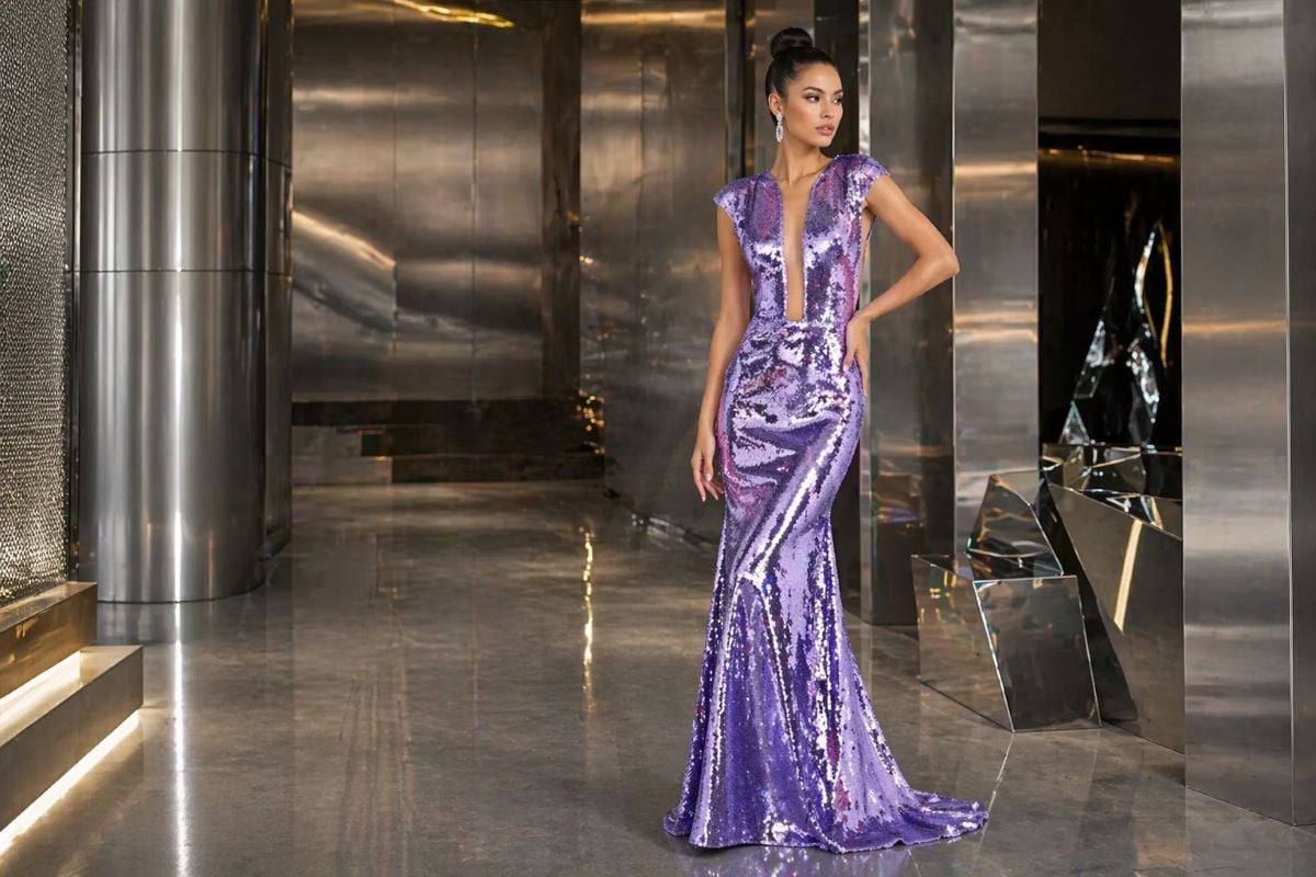 Purple sequin prom dress deep V