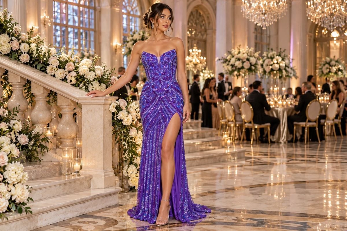 Purple sequin wedding guest evening gown