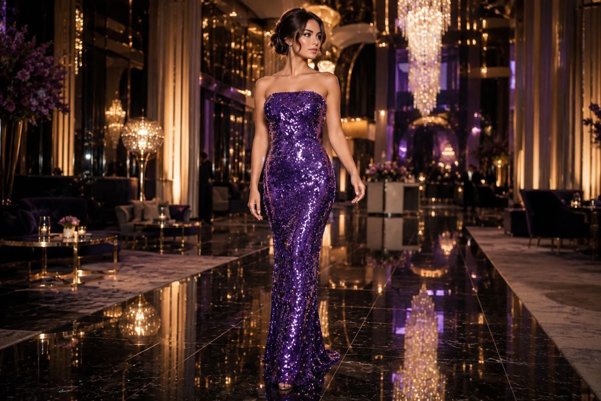 Purple sequined evening gown at luxury gala