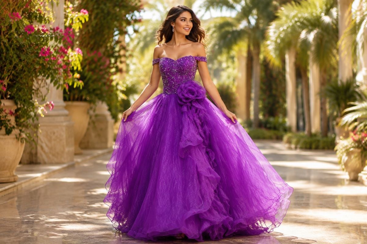 Purple off-shoulder tiered prom gown with sparkling bodice
