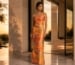 Floral strapless column evening gown at luxury estate