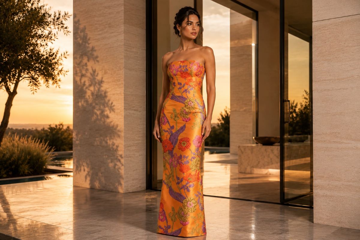 Floral strapless column evening gown at luxury estate