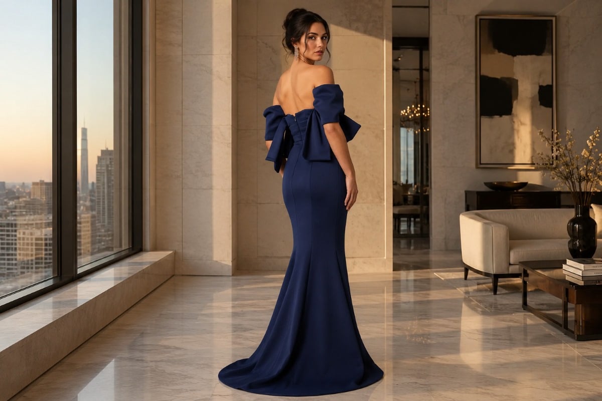 Minimal navy off shoulder old money evening gown