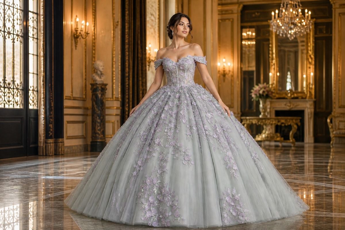 Quinceañera ball gown with floral appliqué and voluminous tulle skirt