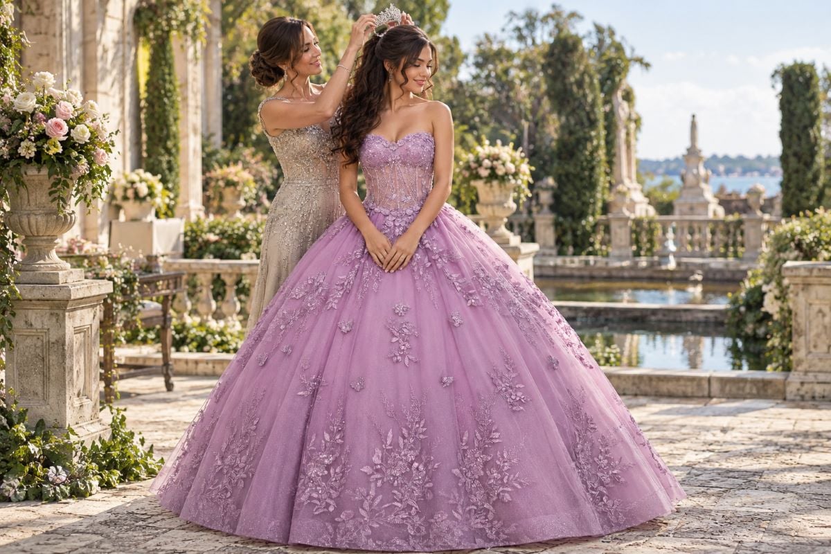 Crowned quinceanera hairstyle with lavender ball gown