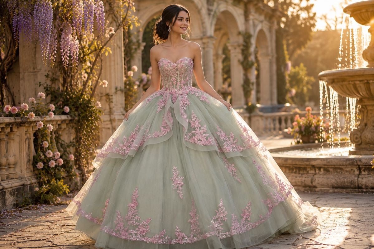 Pastel quinceañera ball gown in palace garden