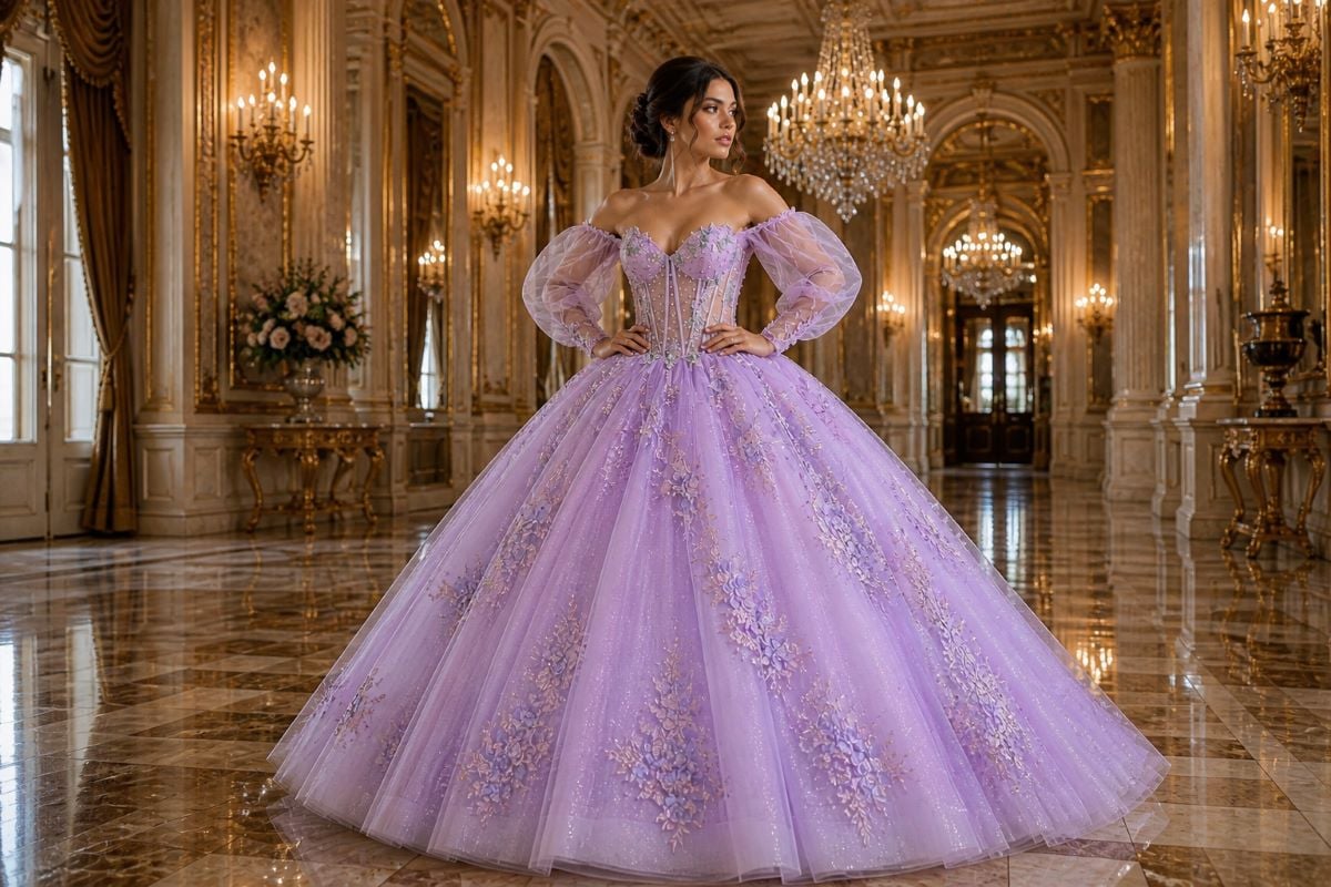 Voluminous quinceañera gown with corset bodice and sheer sleeves