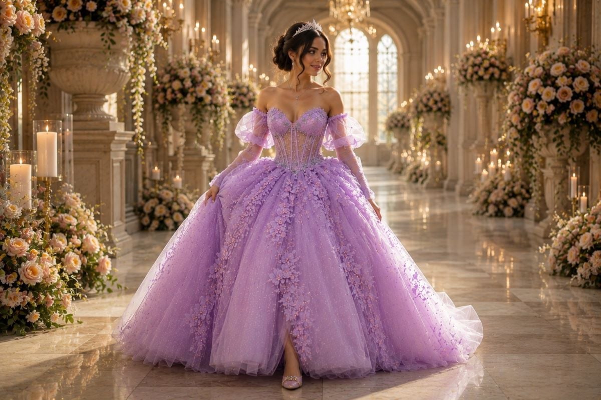 Lavender quinceañera gown during symbolic shoe ceremony
