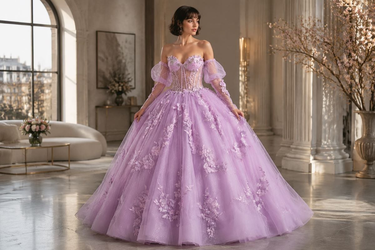 Black-haired model in Quinceanera gown, early research phase