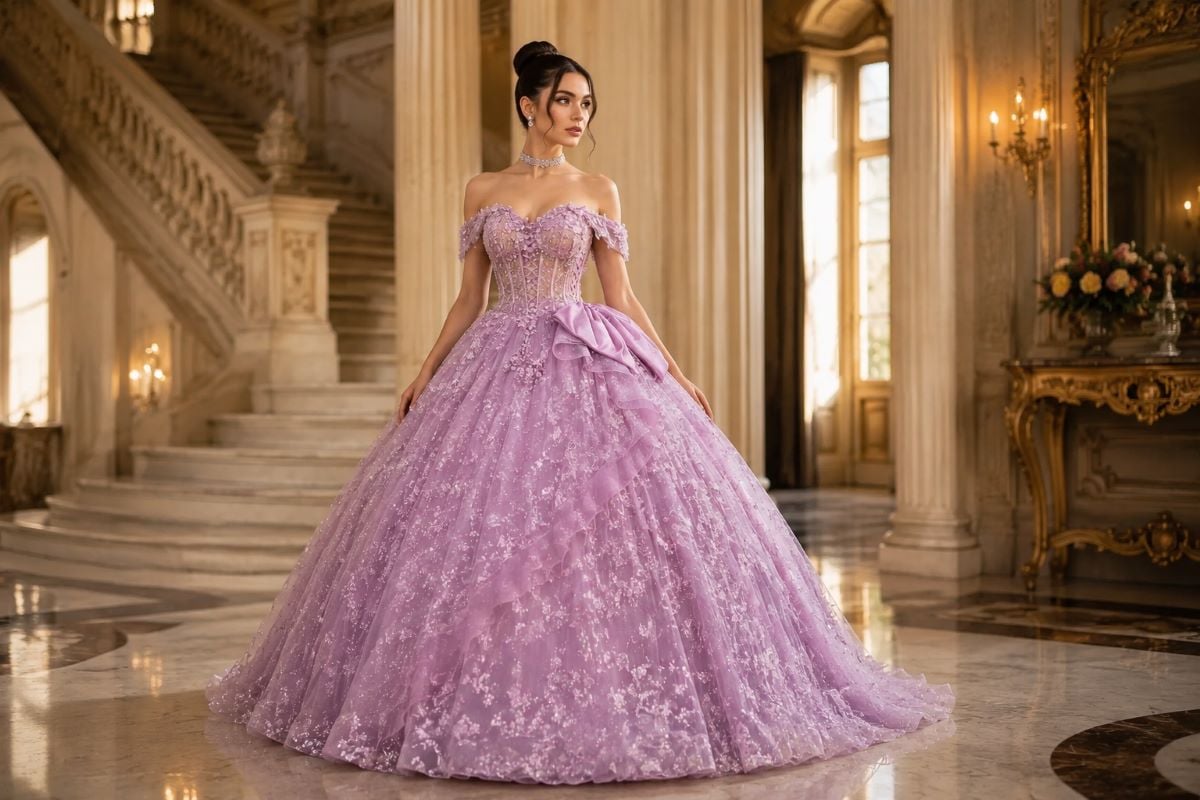 Black-haired model in Quinceanera gown, early research phase