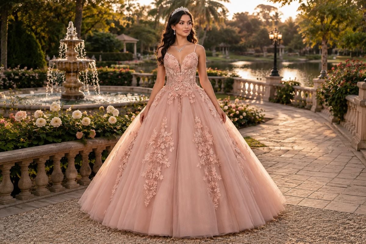 Black-haired model in Quinceanera gown, measurement and ordering phase