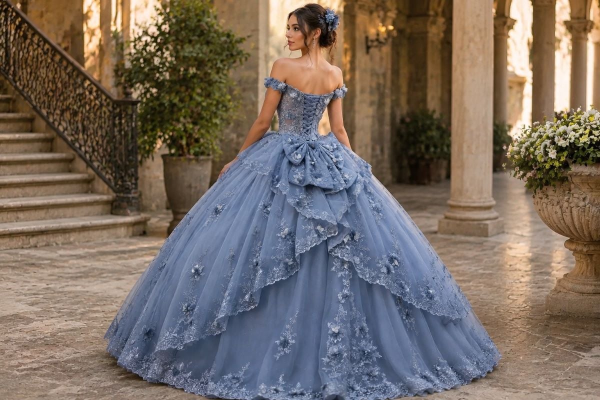 Black-haired model in Quinceanera gown, measurement