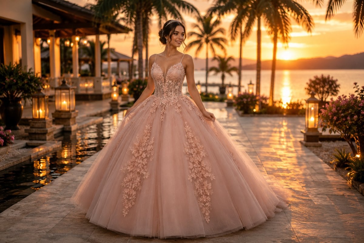 Blush quinceañera gown at tropical sunset estate