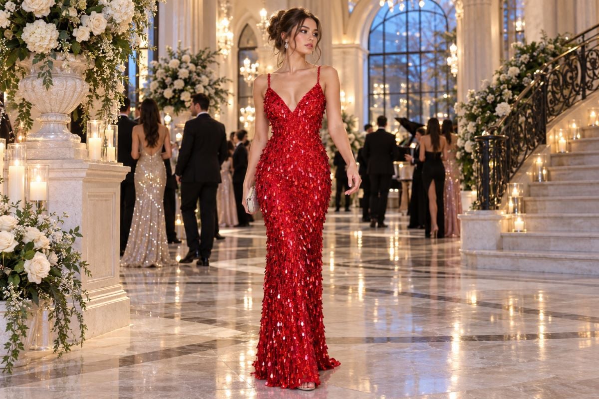 Red all-over sequin prom gown editorial