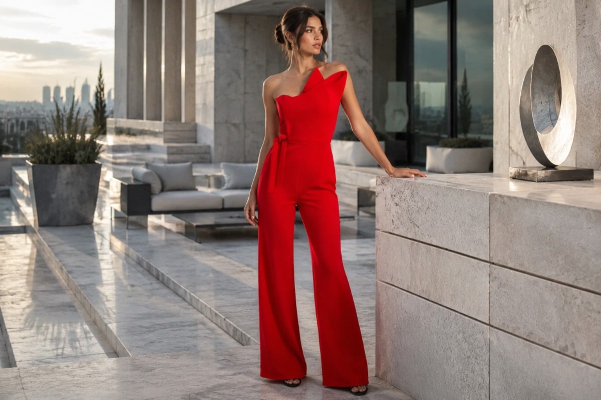 Red asymmetrical semi formal jumpsuit